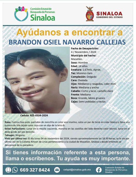 $!Desaparece Brandon Osiel, de 14 años, en Rincón de Urías, en Mazatlán