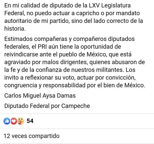 $!Carlos Miguel Aysa, del PRI, anuncia voto a favor de Reforma Eléctrica de AMLO; lo llaman traidor