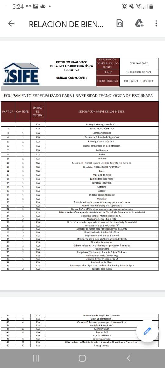 $!Emite Instituto Sinaloense de Infraestructura Física Educativa convocatoria para equipamiento de la Universidad Tecnológica de Escuinapa