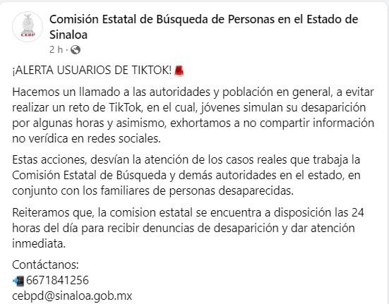 La Comisión Estatal de Búsqueda de Personas Desaparecidas en Sinaloa exhorta a evitar retos en TikTok donde jóvenes simulan que han sido desaparecidos por horas.