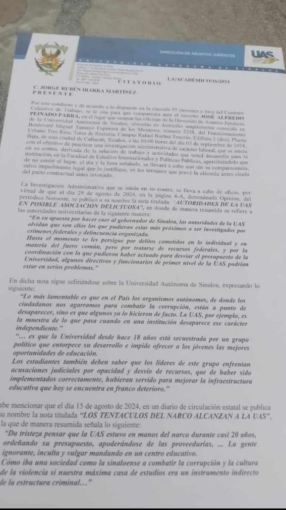 $!UAS cita a comparecer al académico Jorge Ibarra por publicaciones en Periódico Noroeste