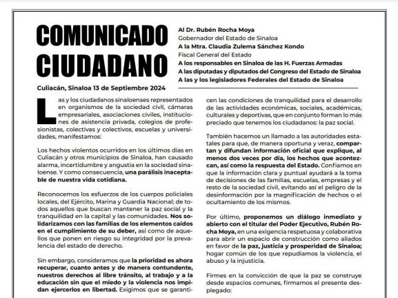 Ciudadanos y agrupaciones exigen a las autoridades una comunicación más clara y frecuente sobre la violencia reciente en Culiacán.