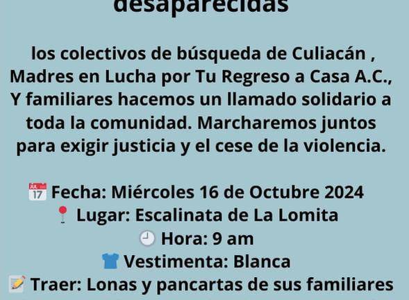 Convocan a marchar en Culiacán a familiares de personas desaparecidas