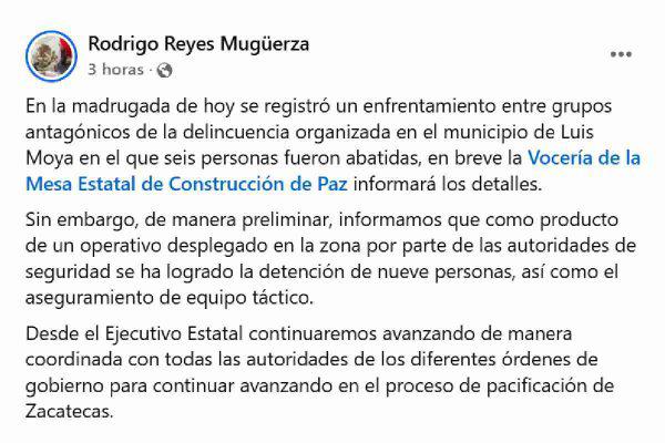 $!Enfrentamiento entre grupos criminales en Luis Moya, Zacatecas, deja 6 muertos y 9 detenidos