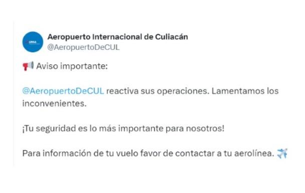 Aeropuerto de Culiacán reactiva operaciones tras suspenderlas por mantenimiento