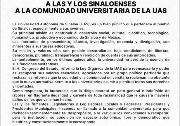 Representantes populares de Sinaloa llaman a la comunidad universitaria a rechazar el paro de labores decretado por directivos de la UAS.