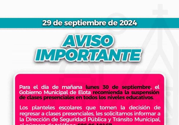 De nuevo, gobierno de Elota suspende clases y actividades en vía pública