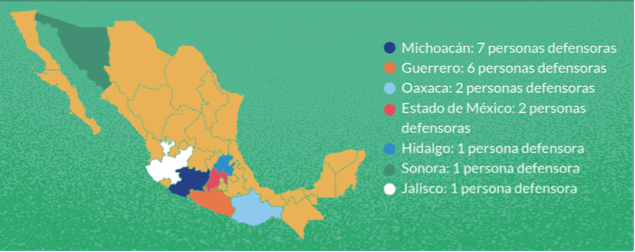 $!Estados que registraron asesinatos de personas defensoras del ambiente y el territorio durante 2023.