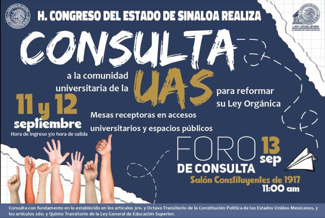 Congreso del Estado pone fecha y hora para consulta a comunidad de la UAS y reformar su Ley Orgánica