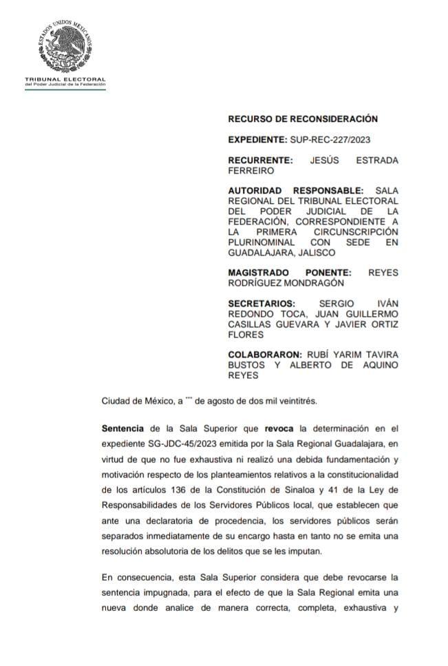 $!Tribunal ya no votará restitución de Estrada Ferreiro a la Alcaldía de Culiacán