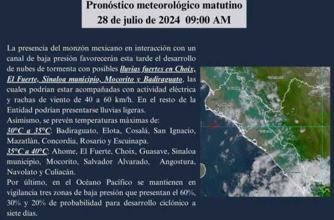 De acuerdo a Protección Civil estatal, las temperaturas máximas alcanzarán entre 35 y 40 grados, y se esperan chubascos y tormentas en varias localidades de Sinaloa.