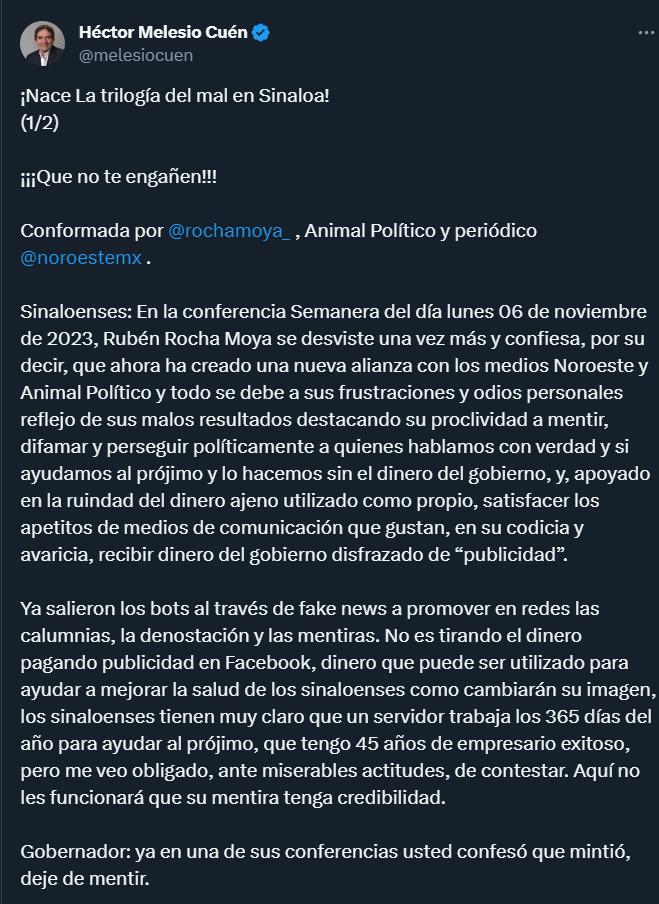 $!Melesio Cuén Ojeda arremete contra Gobernador de Sinaloa y medios de comunicación