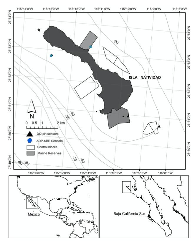 $!Ubicación de Isla Natividad, Baja California Sur, México. El panel superior muestra la ubicación y los límites de las dos reservas marinas establecidas en el 2006, y las tres áreas de pesca de referencia monitoreadas anualmente, entre 2006-2018.