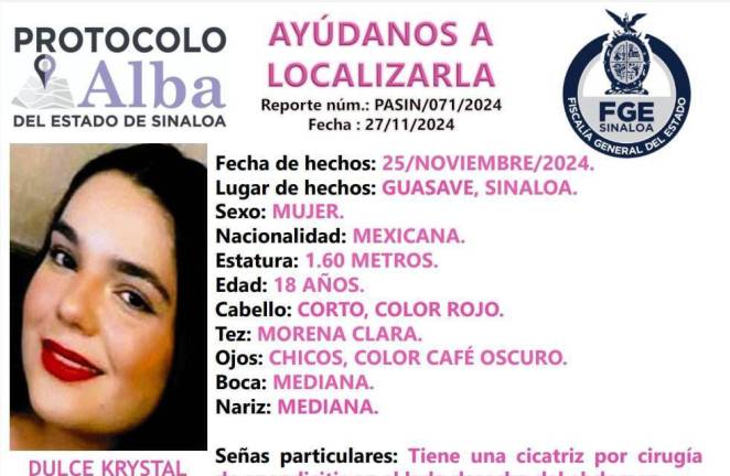 Dulce Krystal, de 18 años, es reportada como localizada; la joven ya se encuentra con su familia.