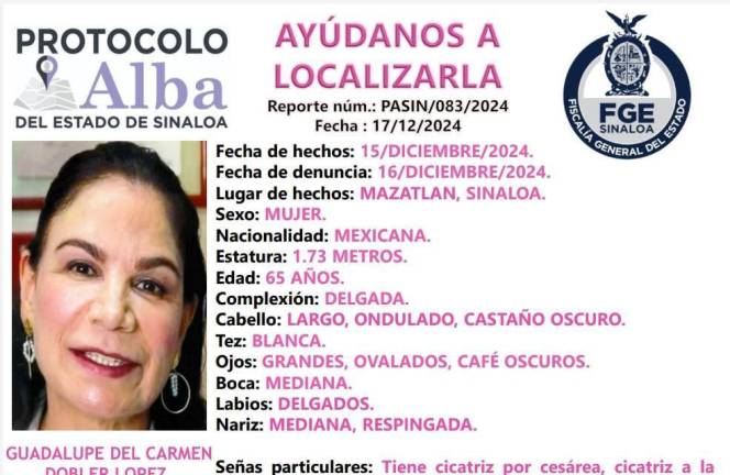 La doctora Guadalupe del Carmen Dobler López, reportada como desaparecida desde la tarde del pasado domingo.