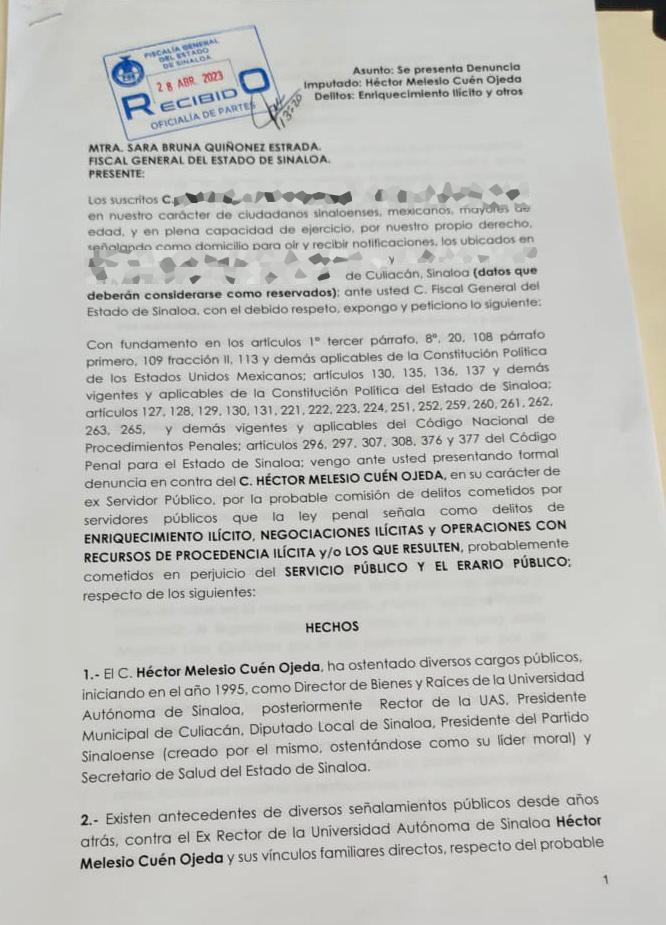 $!Denuncian ante Fiscalía a Héctor Melesio Cuén y su hijo por enriquecimiento ilícito