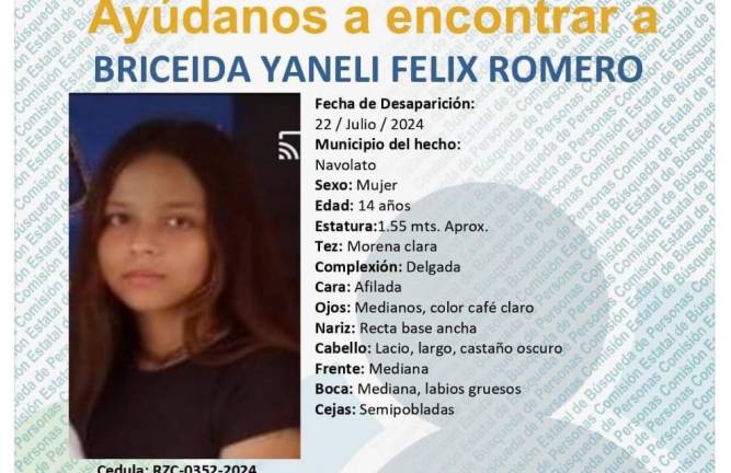 Desaparece Briceida Yaneli, de 14 años, en Navolato