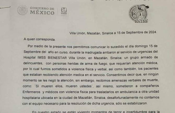 Trabajadores del IMSS Villa Unión denuncian intimidación de grupo armado para que atiendan heridos