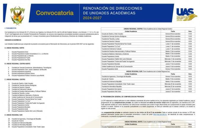 La UAS publicó este jueves la convocatoria para la renovación de las direcciones de sus unidades.