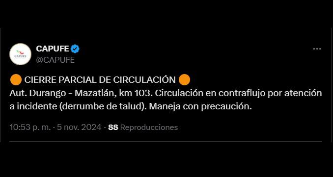 Reportan cierre de circulación en Autopista Durango-Mazatlán