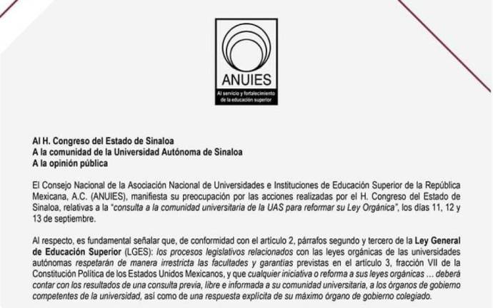 En una misiva, la ANUIES expresa preocupación por la consulta realizada por el Congreso del Estado a la comunidad universitaria de la UAS.