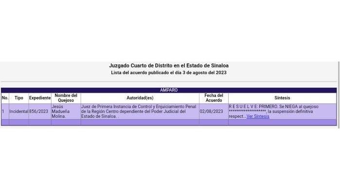 Aviso del Juzgado Cuarto de Distrito en el que se le niega la suspensión definitiva contra posible orden de aprehensión al Rector de la UAS, Jesús Madueña Molina.