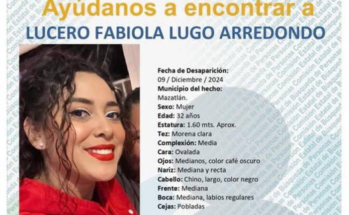 Llaman a la población a colaborar para la localización de Lucero Fabiola Lugo Arredondo, desaparecida en Mazatlán.