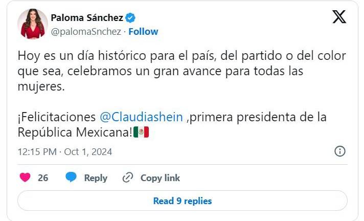 Me emocionó mucho ver a una mujer poniéndose la banda presidencial: Senadora