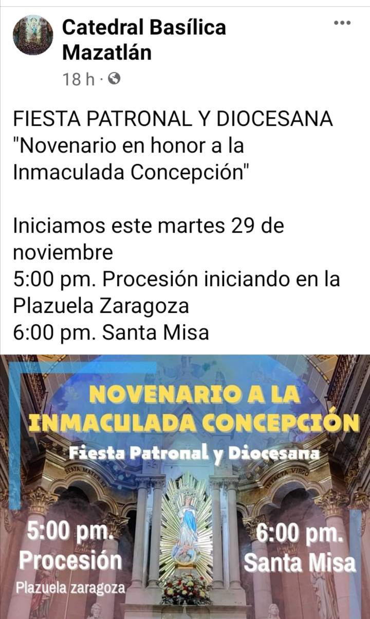 $!Inicia hoy martes 29 de noviembre el Novenario a la Inmaculada Concepción.