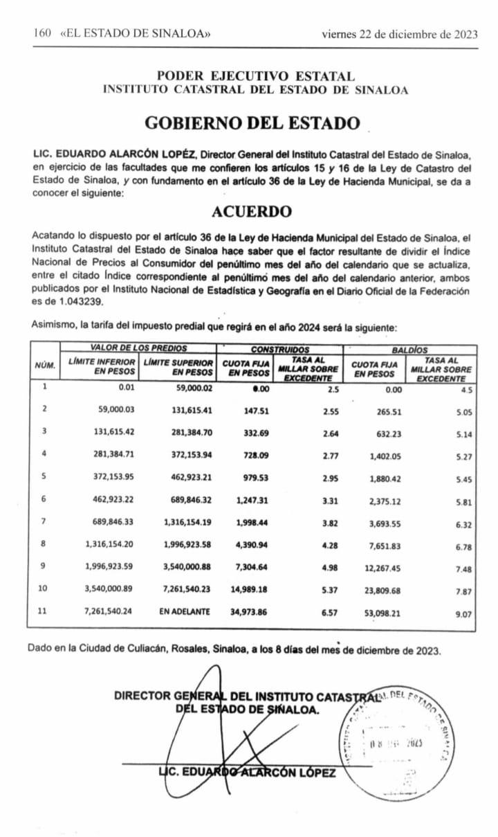 $!Publican tarifa para el Impuesto Predial en Sinaloa en 2024