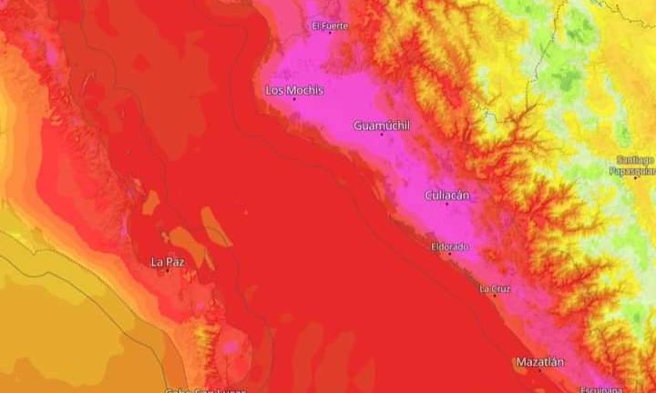 Mapa de calor que muestra las altas temperaturas que se esperan para Sinaloa.