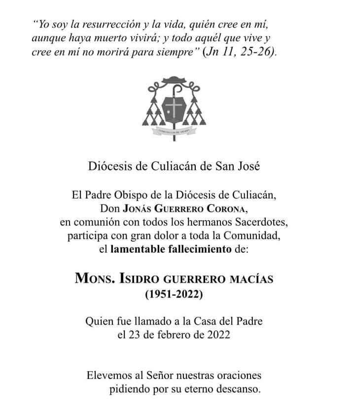 Fallece Obispo José Isidro Guerrero Macías, El Padre Chilo, por problemas  del Covid