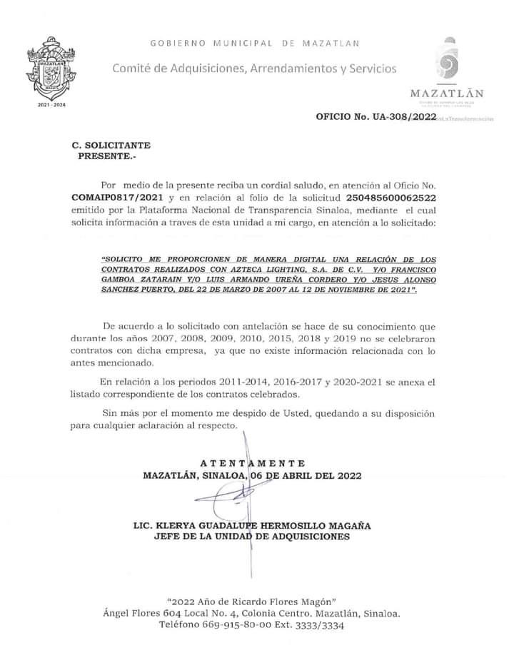 $!En 10 años, cuatro alcaldes de Mazatlán dieron contratos a Azteca Lighting por $178.4 millones