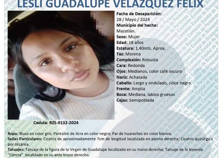 Buscan a Lesli Guadalupe, de 18 años, en Mazatlán