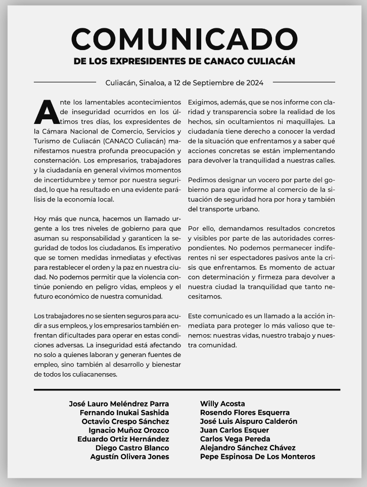 $!Ex dirigentes de Canaco Culiacán exigen al Gobierno estatal nombrar un vocero para informar sobre situación de seguridad