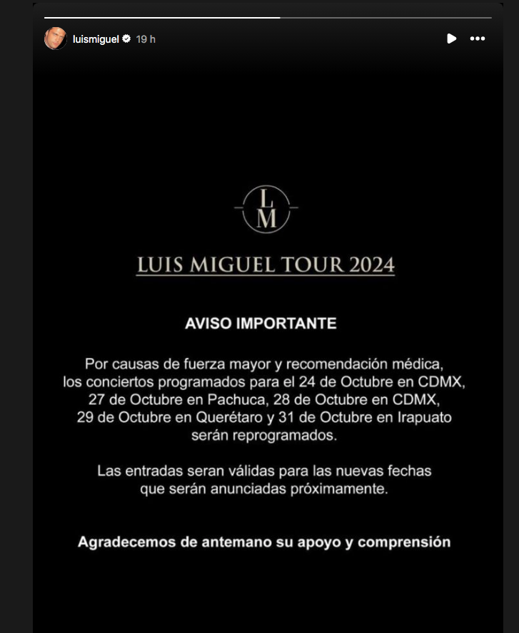 $!Cancela Luis Miguel conciertos en CDMX, Querétaro, Pachuca e Irapuato