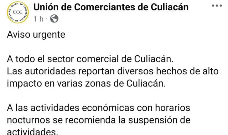 Recomienda Unión de Locatarios Culiacán suspender actividades en comercios nocturnos por violencia desatada