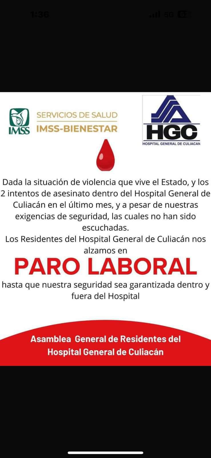 $!Residentes del Hospital General de Culiacán detienen labores por falta de seguridad tras atentados a balazos en instalaciones