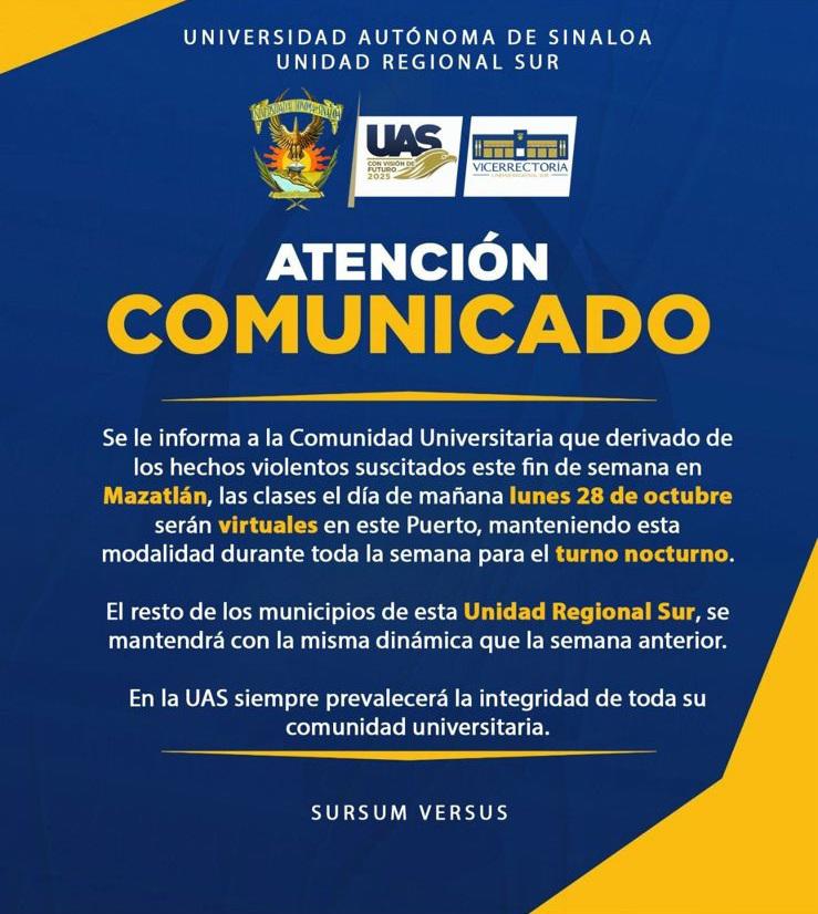 $!Por violencia, las clases serán virtuales este lunes en Mazatlán, informa la UAS