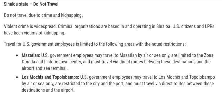 $!Mantiene Estados Unidos warning para que sus ciudadanos viajen sólo a Mazatlán y Topolobampo