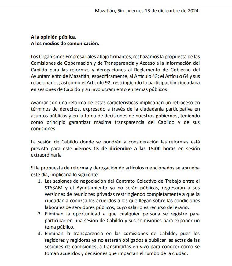 $!Organismos empresariales rechazan propuesta de Gobernación de restringir la participación ciudadana en Cabildo