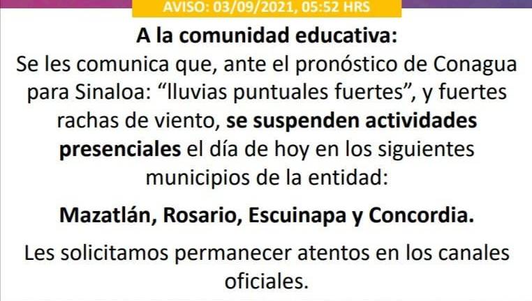 Se suspenden clases desde Mazatlán hasta Escuinapa por lluvias