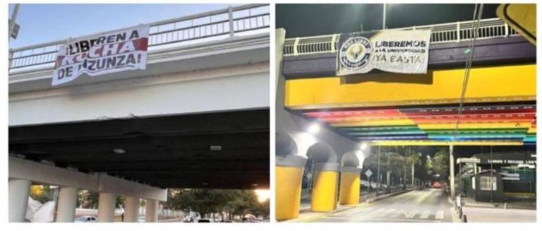 Mantas son colocadas en puentes de Culiacán para acusar que Enrique Inzunza Cázarez, Secretario General de Gobierno, domina al Gobernador Rubén Rocha Moya; y también en apoyo a la UAS.