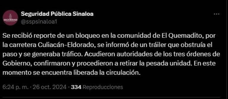 Registran bloqueo y ponchallantas en tramo carretero rumbo a El Quemadito; SSP libera paso