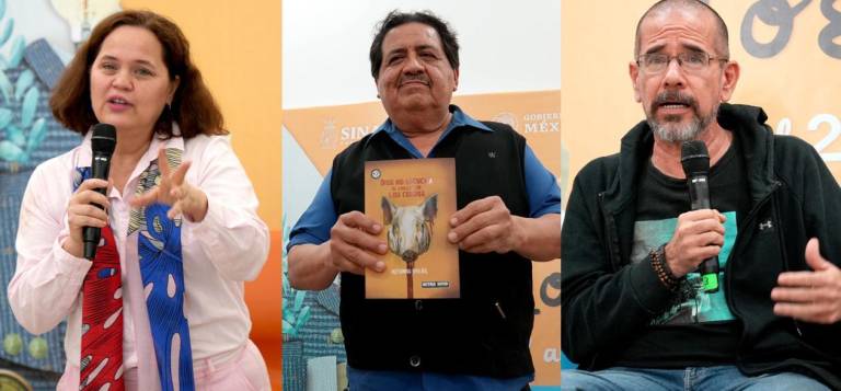 Los autores sinaloenses Georgina Martínez, Alfonso Orejel y Jesús Ramón Ibarra, en la Feria del Libro de Los Mochos.