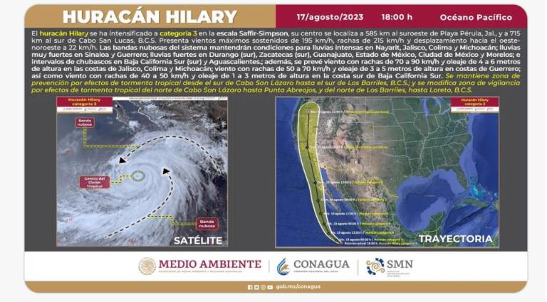 Las bandas nubosas de Hilary ocasionarán lluvias intensas en Sinaloa en las próximas horas, alerta el Servicio Meteorológico Nacional.