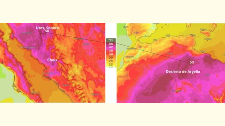 Imagen comparativa de las temperaturas en Sinaloa y del desierto del Sahara en África.