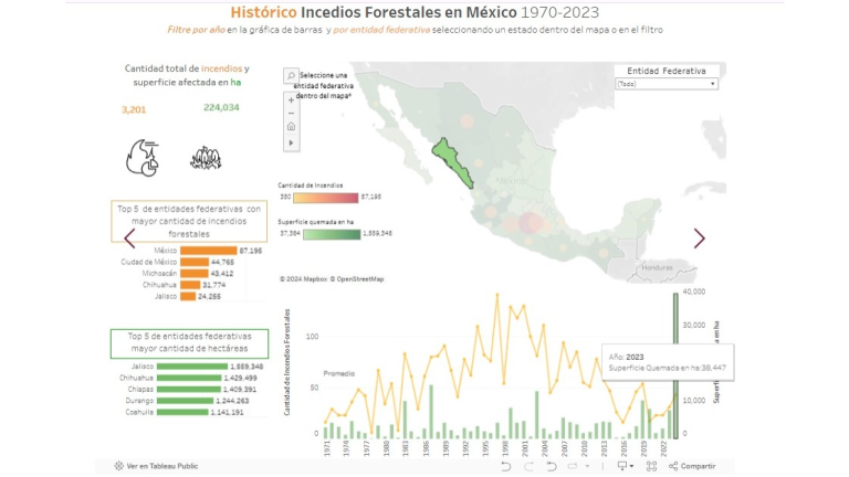 El año 2023 se registraron afectaciones a 38 mil 447 hectáreas derivado de los por incendios forestales.