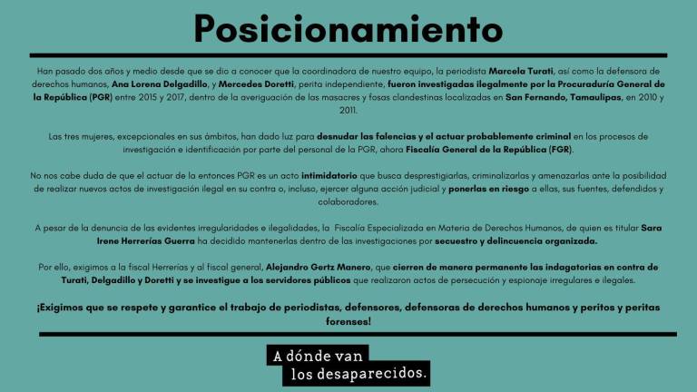 Posicionamiento del colectivo A dónde van los desaparecidos sobre la investigación de la FGR contra periodista y activistas.