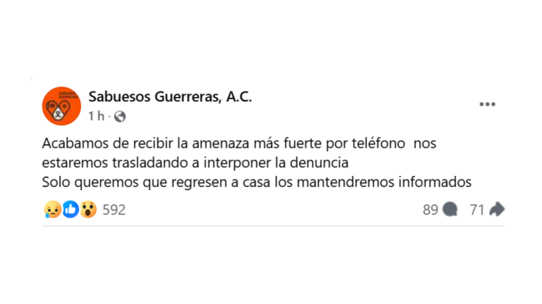 ‘Acabamos de recibir la amenaza más fuerte por teléfono’, alerta Sabuesos Guerreras